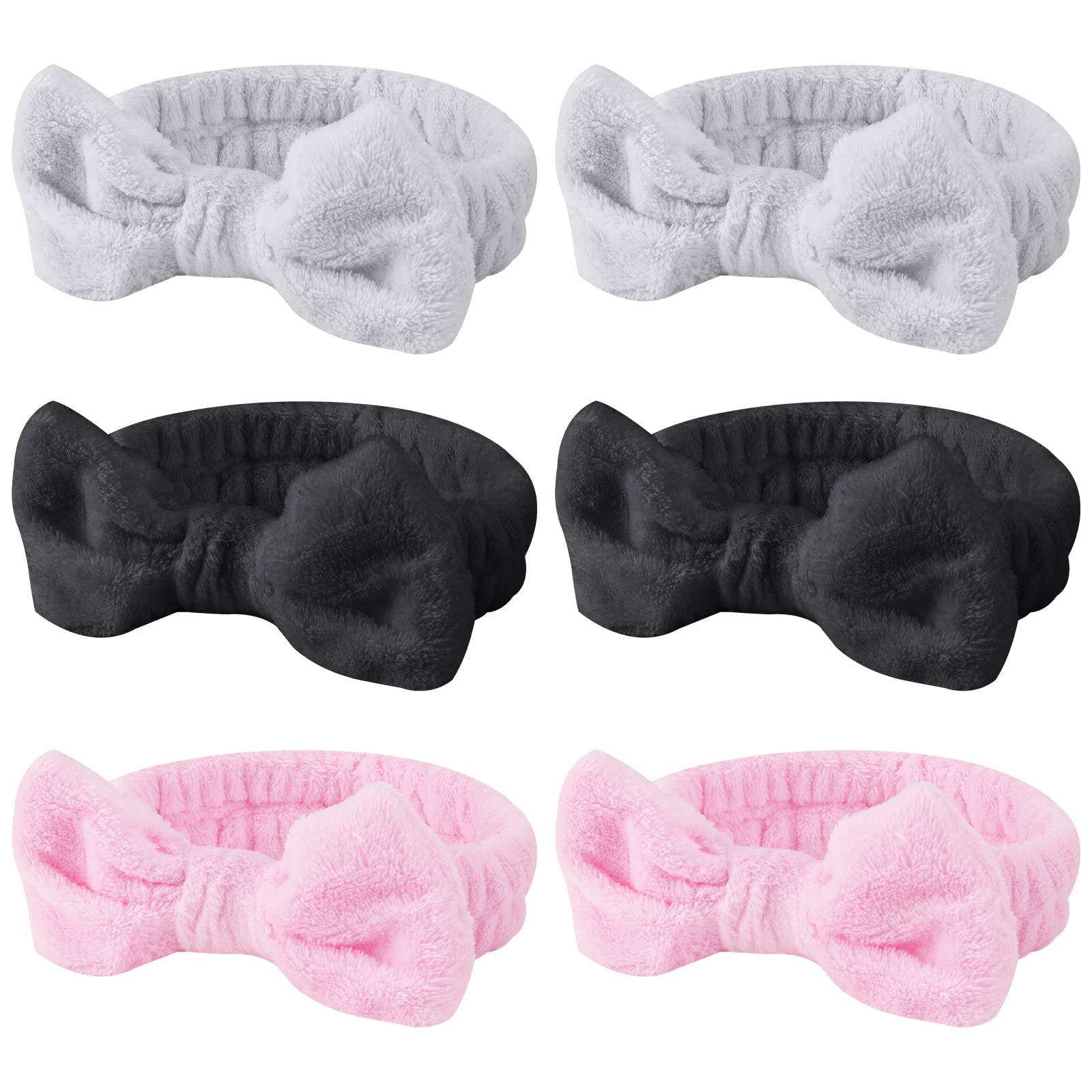 Casoty 6pc spa headbands with bows in soft coral fleece for comfortable skincare