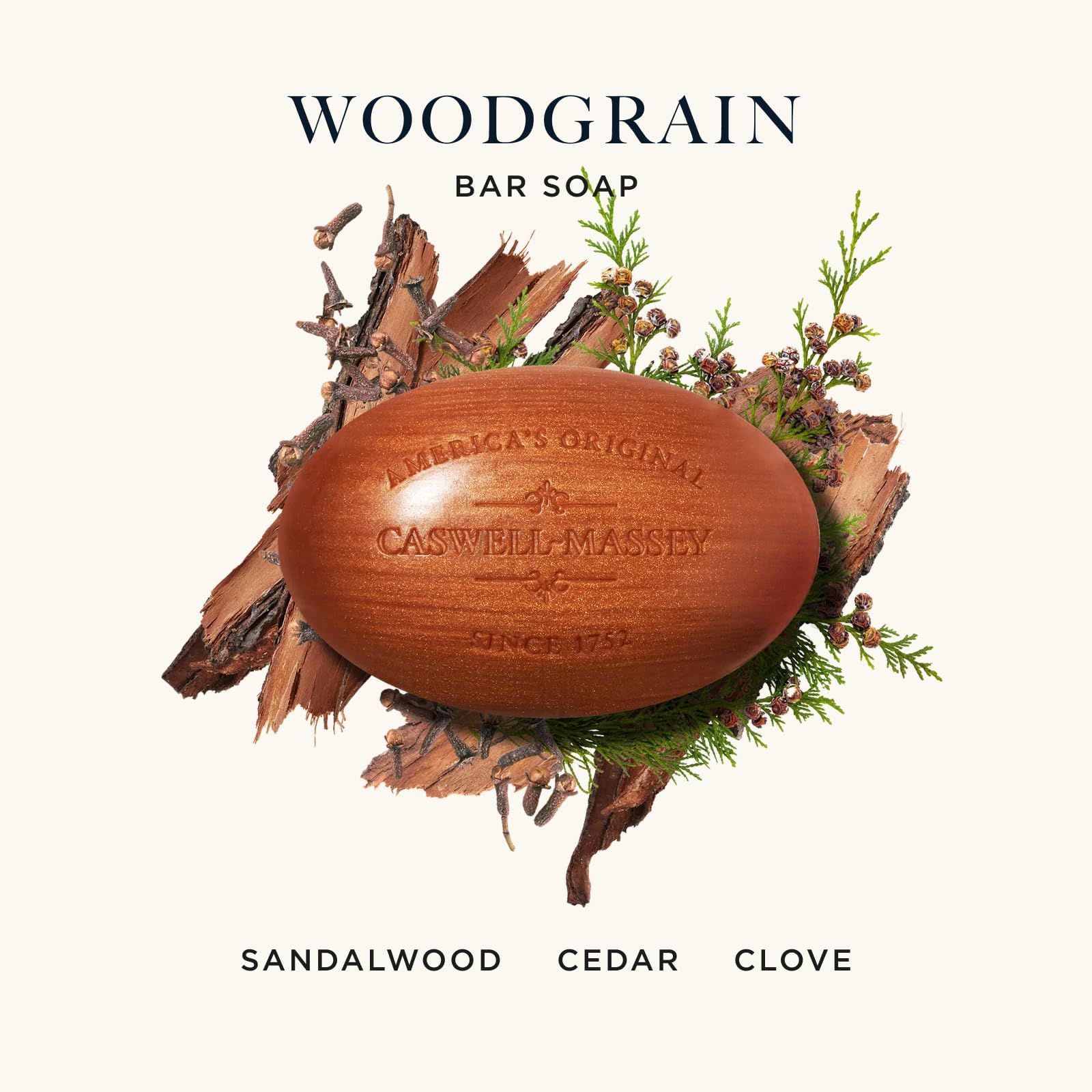 Caswell-Massey Heritage Woodgrain Sandalwood soap bars close-up, triple-milled for long-lasting lather.