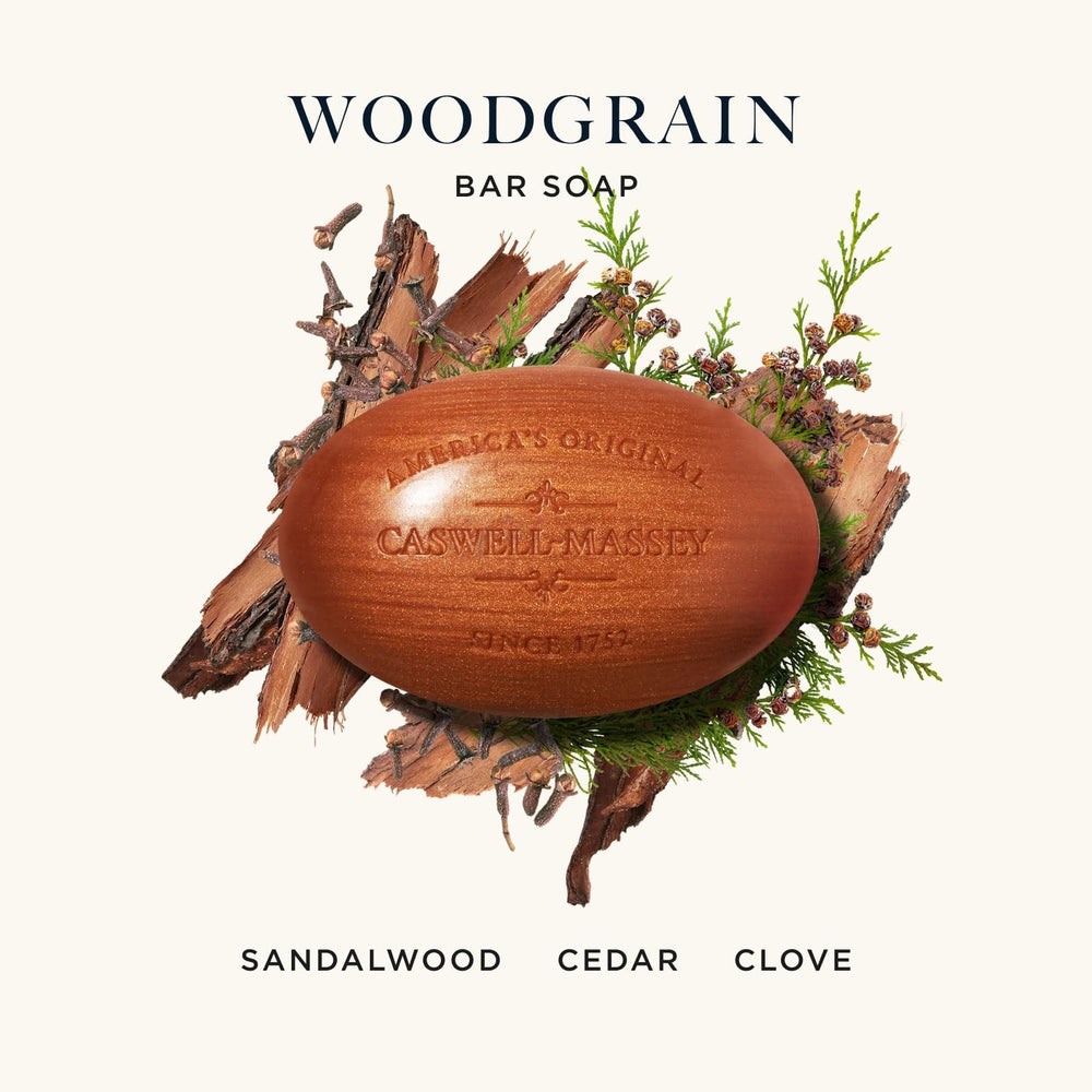 Caswell-Massey Heritage Woodgrain Sandalwood soap bars close-up, triple-milled for long-lasting lather.