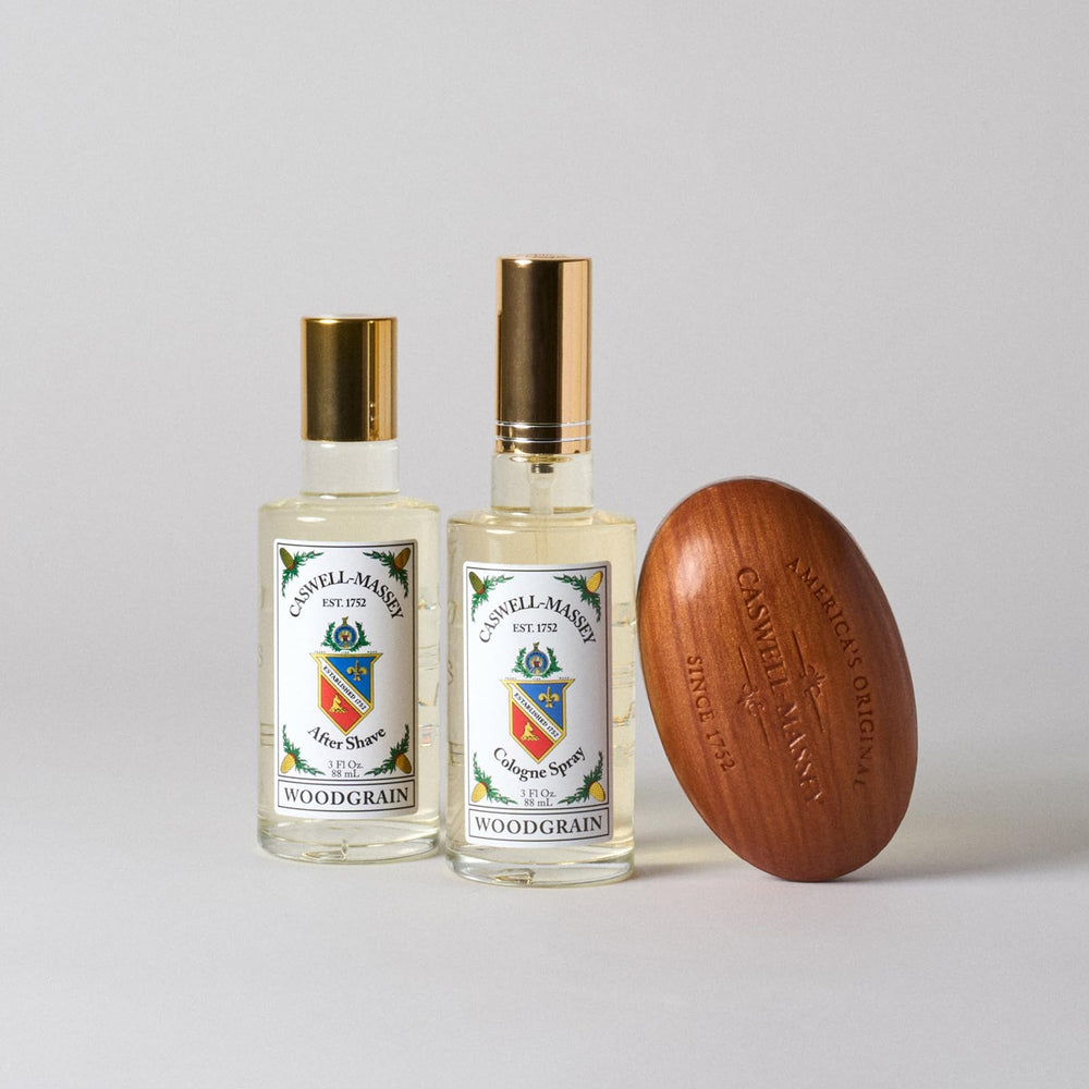 Caswell-Massey Heritage Woodgrain Sandalwood USA-made stamp emphasizing heritage and quality.