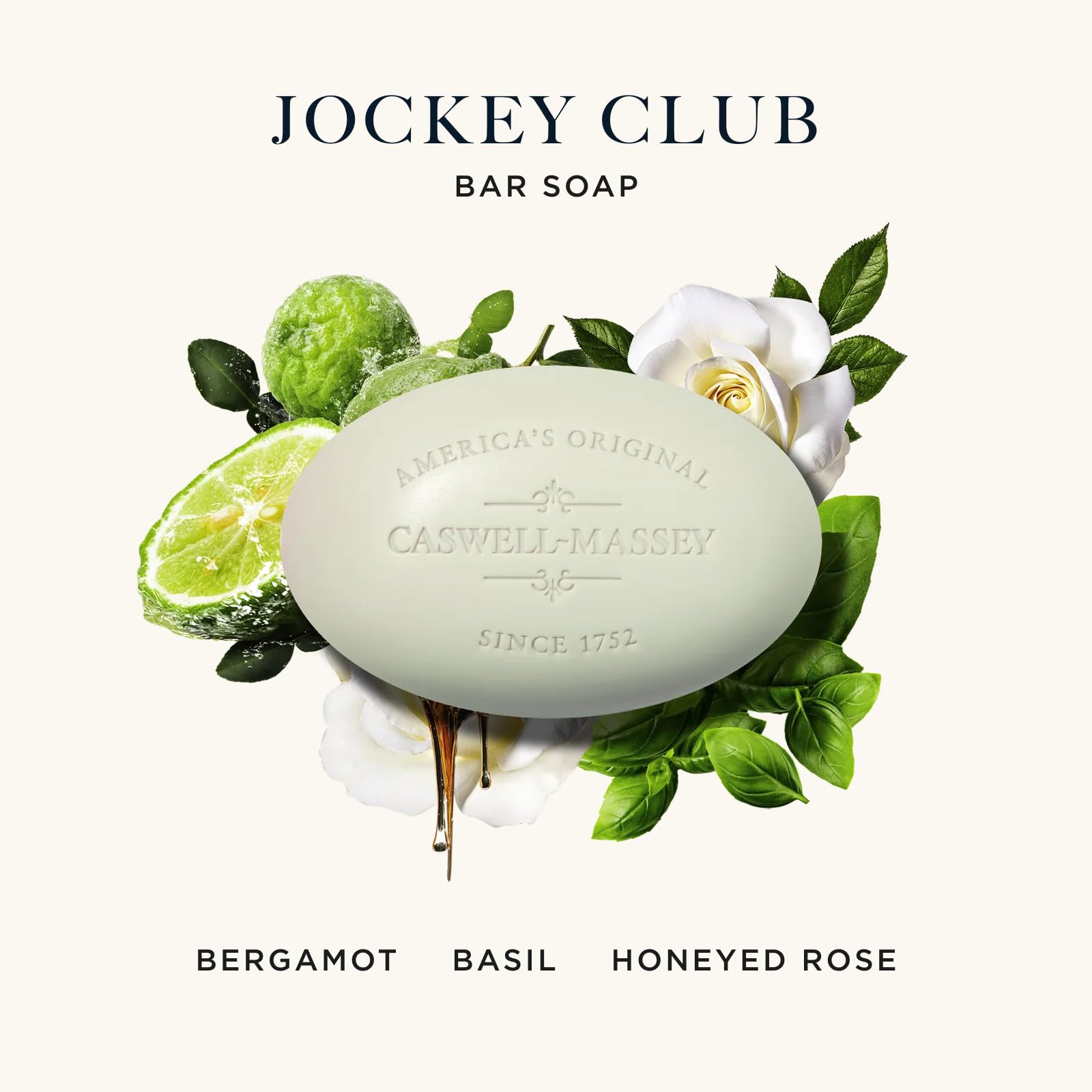 Caswell-Massey Jockey Club bar soap close-up, triple-milled for lasting moisture.