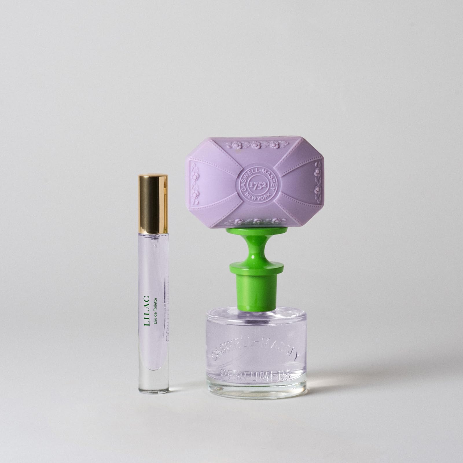 Caswell-Massey Lilac Bar Soap bathroom shelf display evokes spa-like atmosphere.