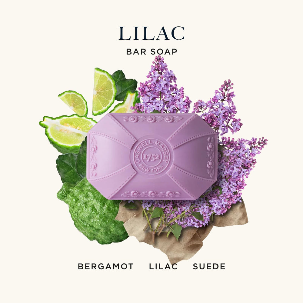 Caswell-Massey Lilac Bar Soap lather close-up showing creamy, moisturizing foam.