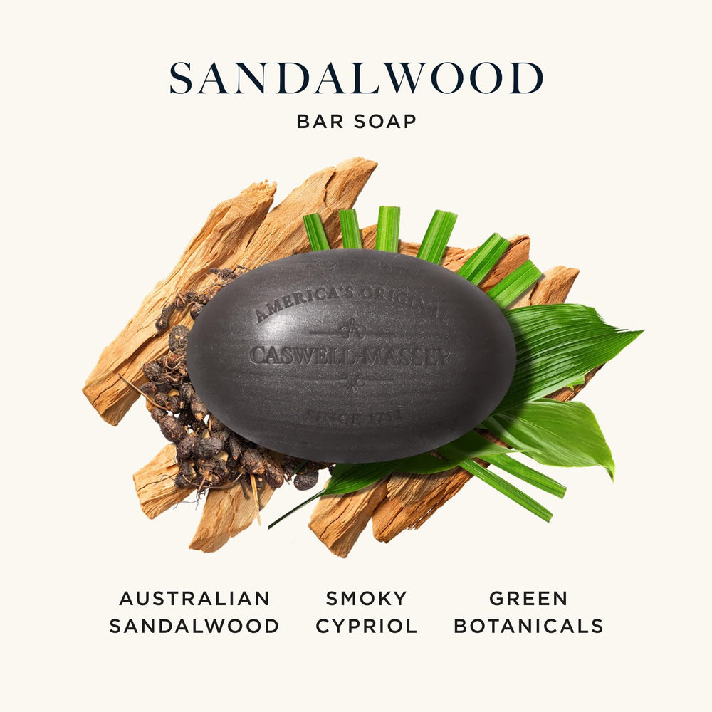 Caswell-Massey sandalwood bar soap lather closeup highlights moisturizing bubbles.