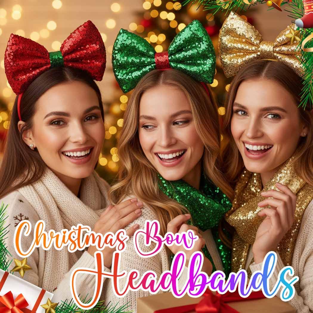 Catery Christmas headband worn to complete a cheerful festive look on head.