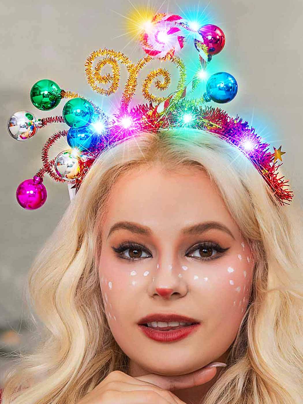 Catery light-up Christmas headband front view with festive sparkle for photos.