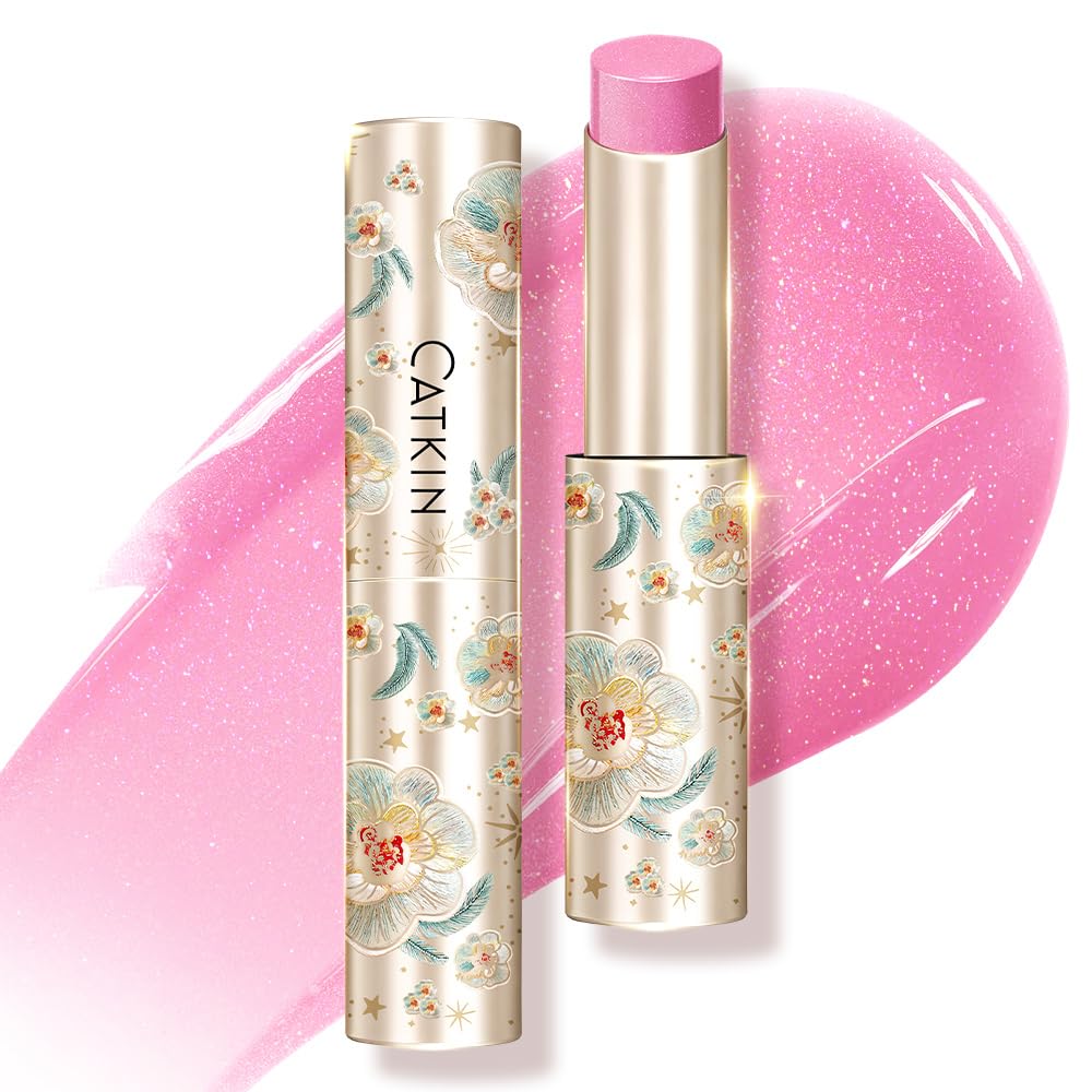 Catkin glossy lip balm jar close-up showing dewy shine and rich pigment for lips