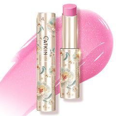 Catkin glossy lip balm jar close-up showing dewy shine and rich pigment for lips