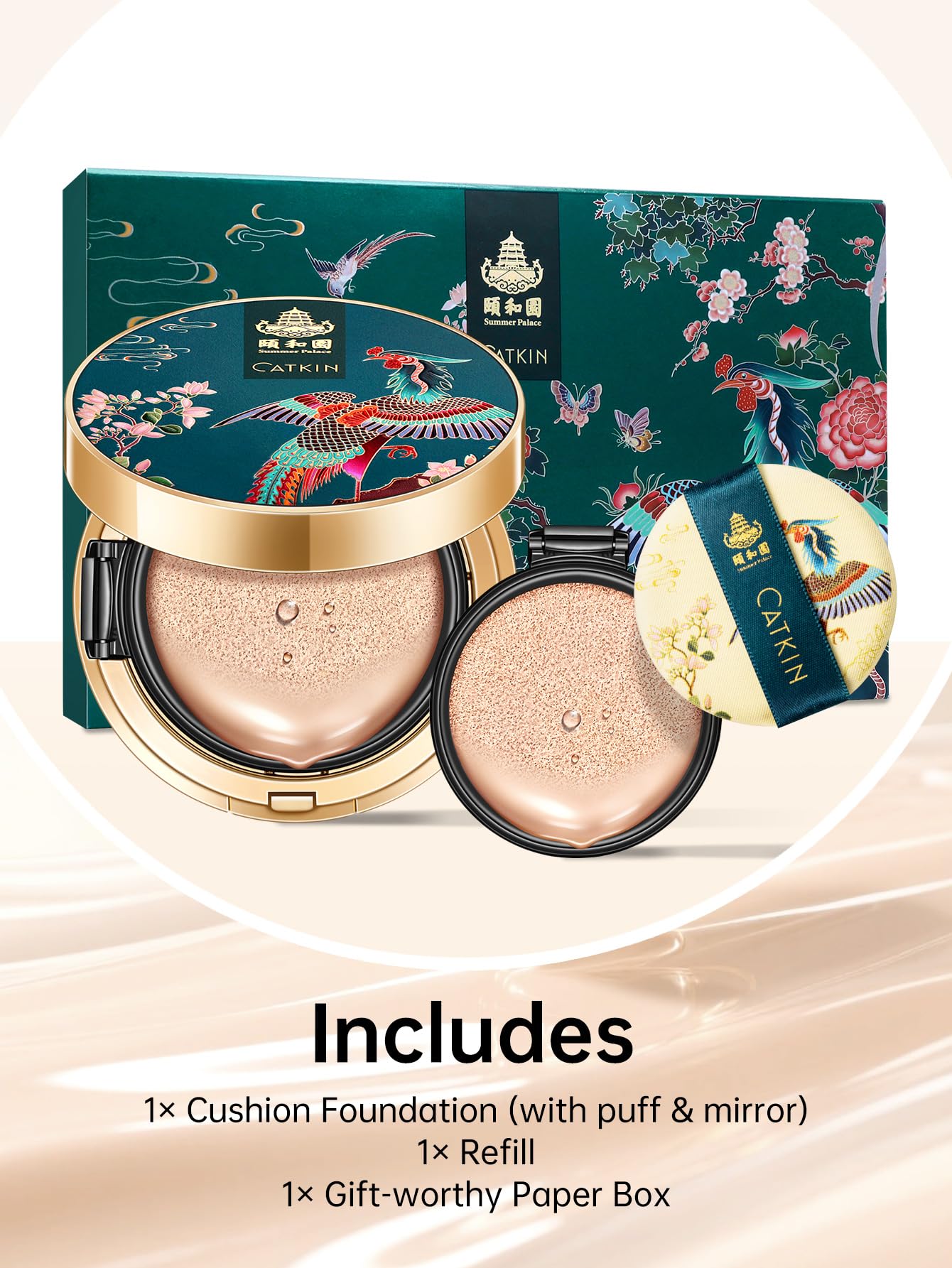 Catkin Phoenix cushion daily use illustration conveys portable smooth makeup on-the-go.