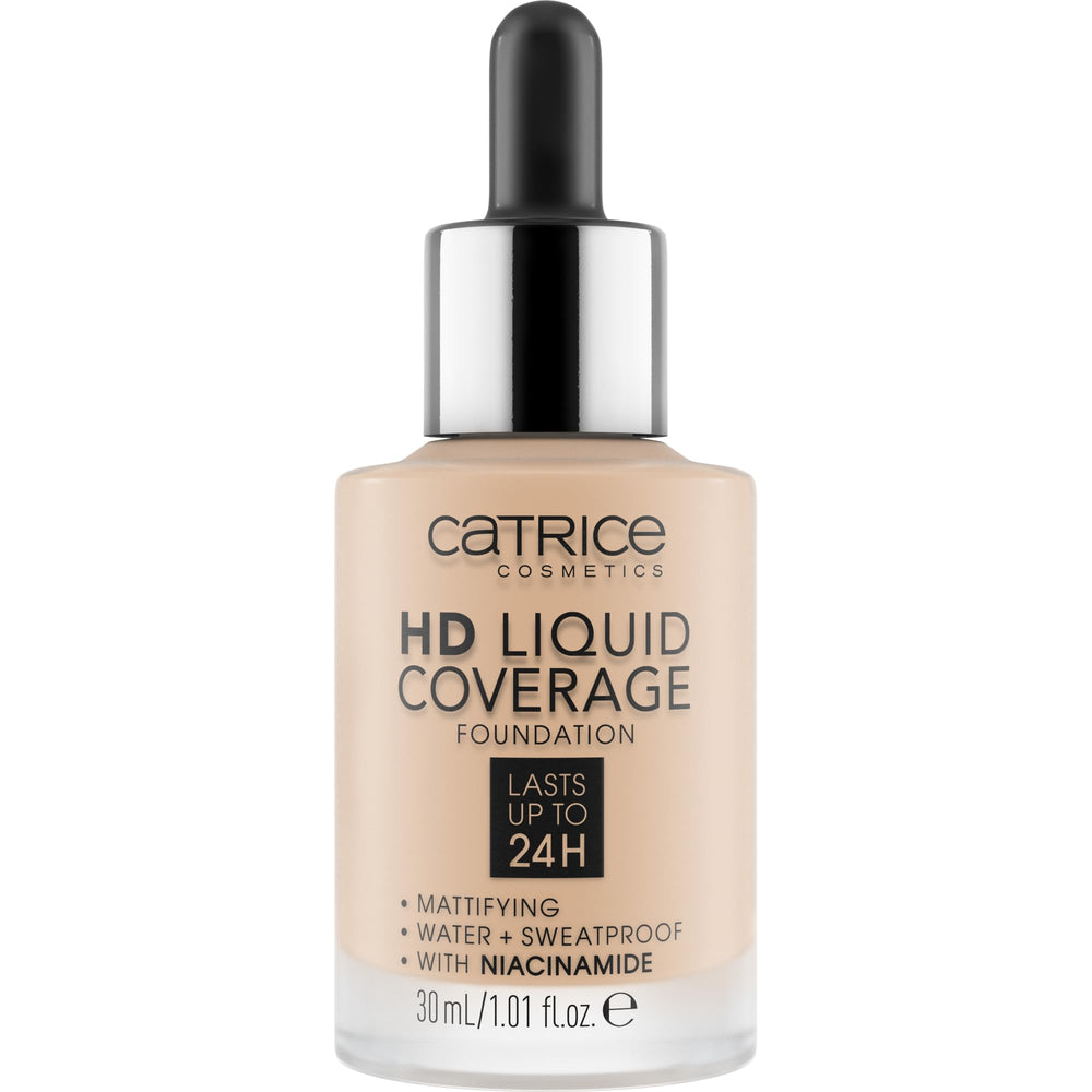 Catrice HD Liquid Coverage swatch in Rose Beige shows high-coverage natural look.