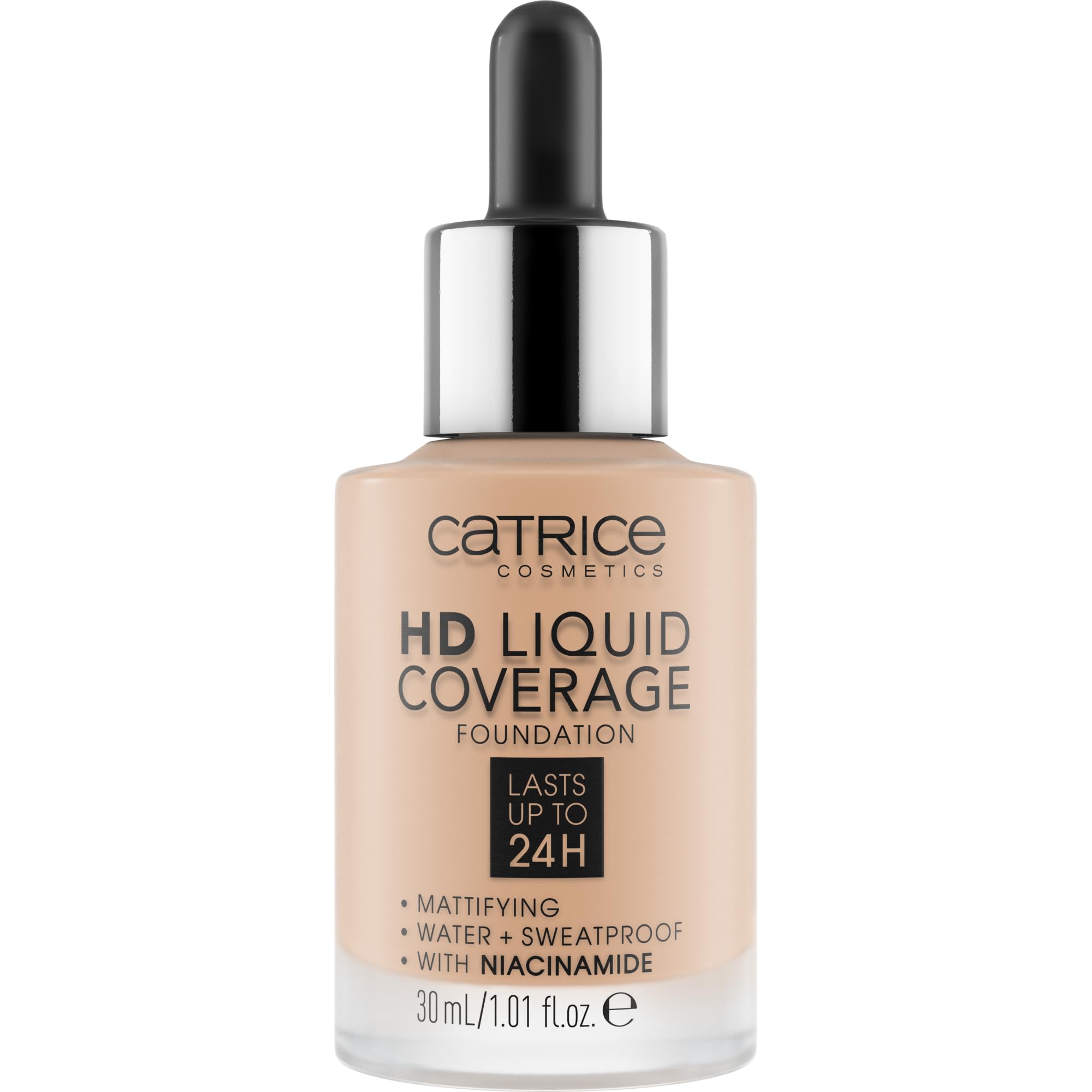 Catrice HD Liquid Coverage Foundation texture swatch shows buildable coverage.