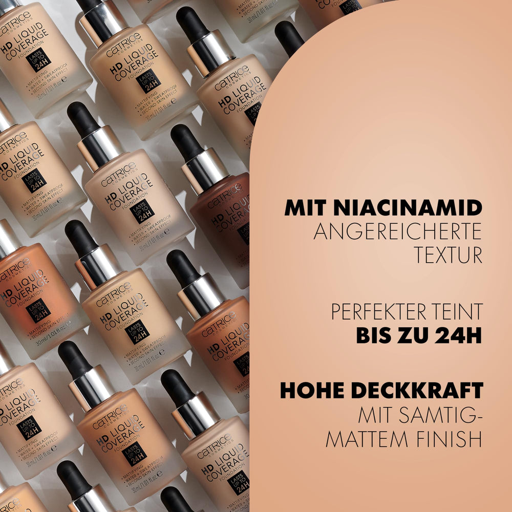 Catrice HD Liquid Coverage close-up highlights matte airbrushed texture on skin.