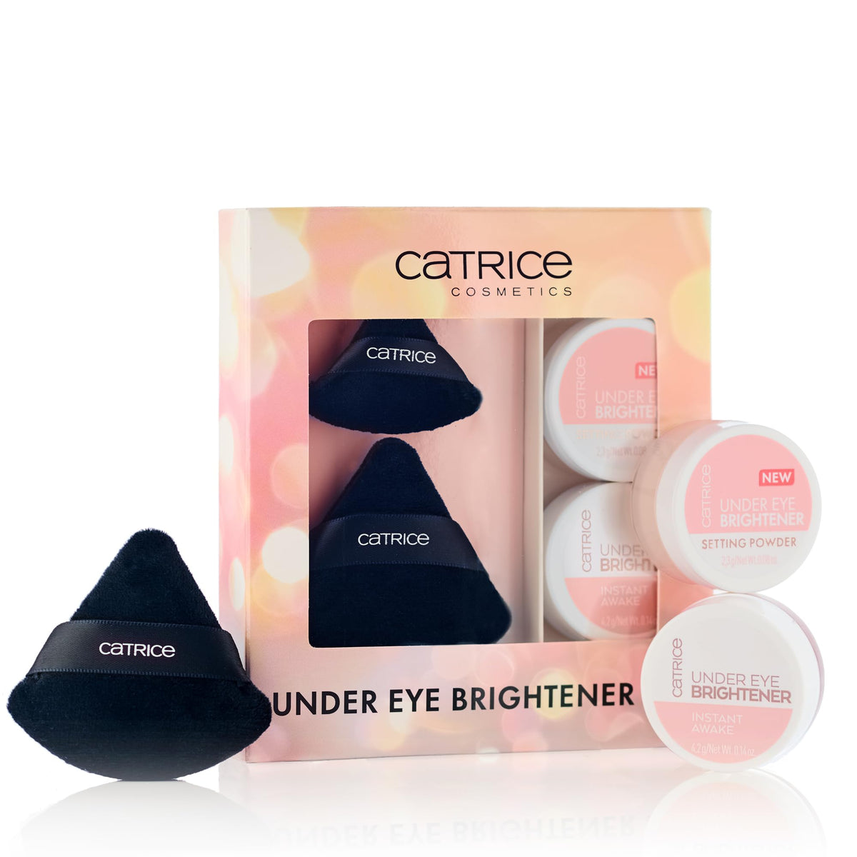 Catrice holiday set under-eye brightener demonstrates brightening for refreshed eyes.