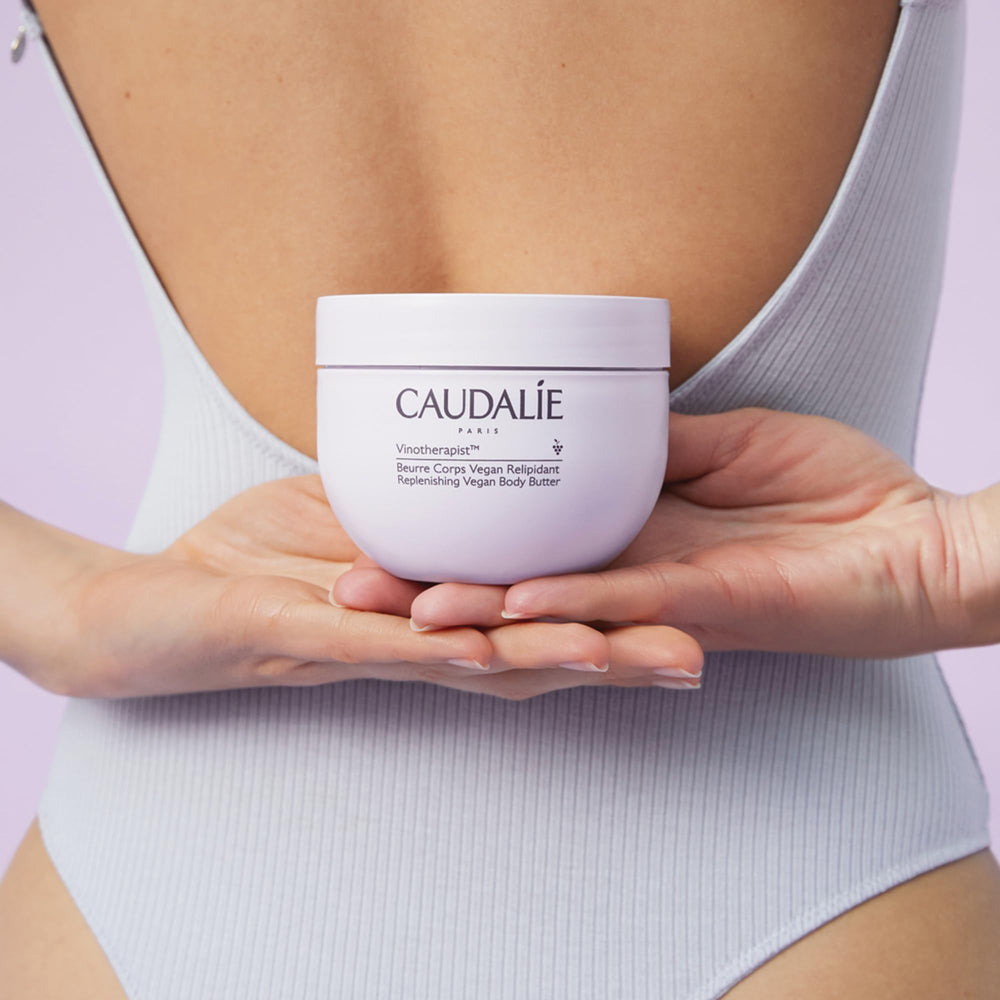 Caudalie grape-seed oil ingredient highlight illustrating antioxidant-rich nourishment.