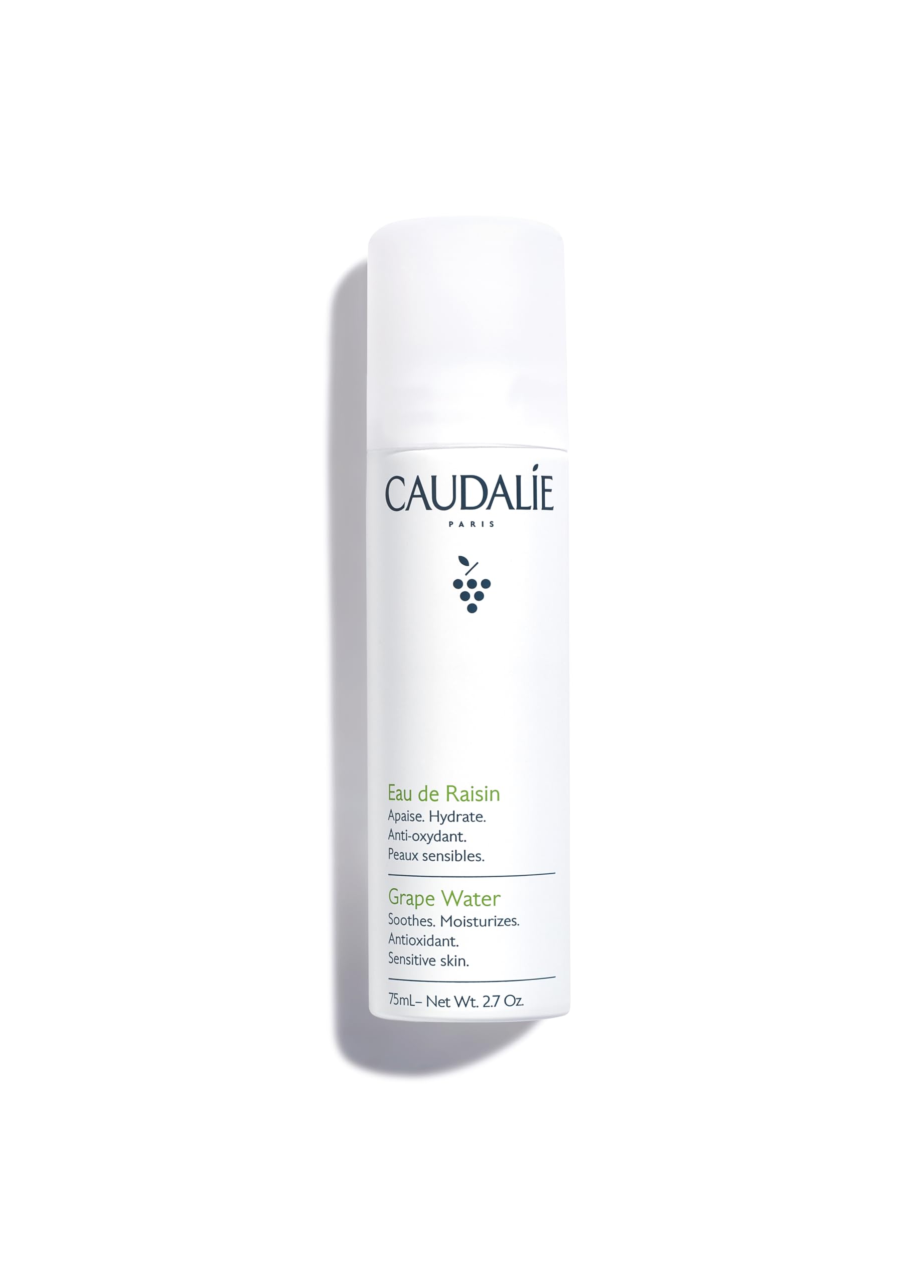 Caudalie Grape Water Mist bottle close-up showing gentle hydrating properties for sensitive skin.