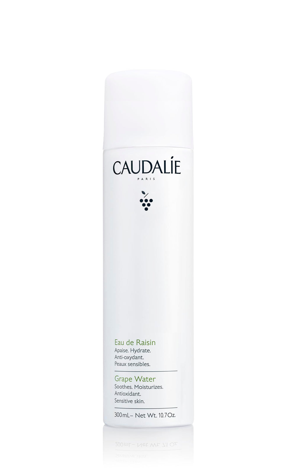 Caudalie grape water mist bottle closeup for instant refreshment and hydration