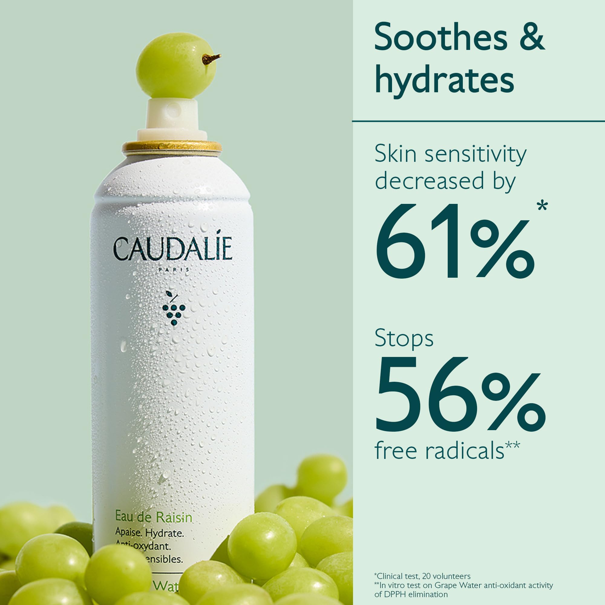 Caudalie Grape Water Mist spray-dispense for instant refreshing hydration.