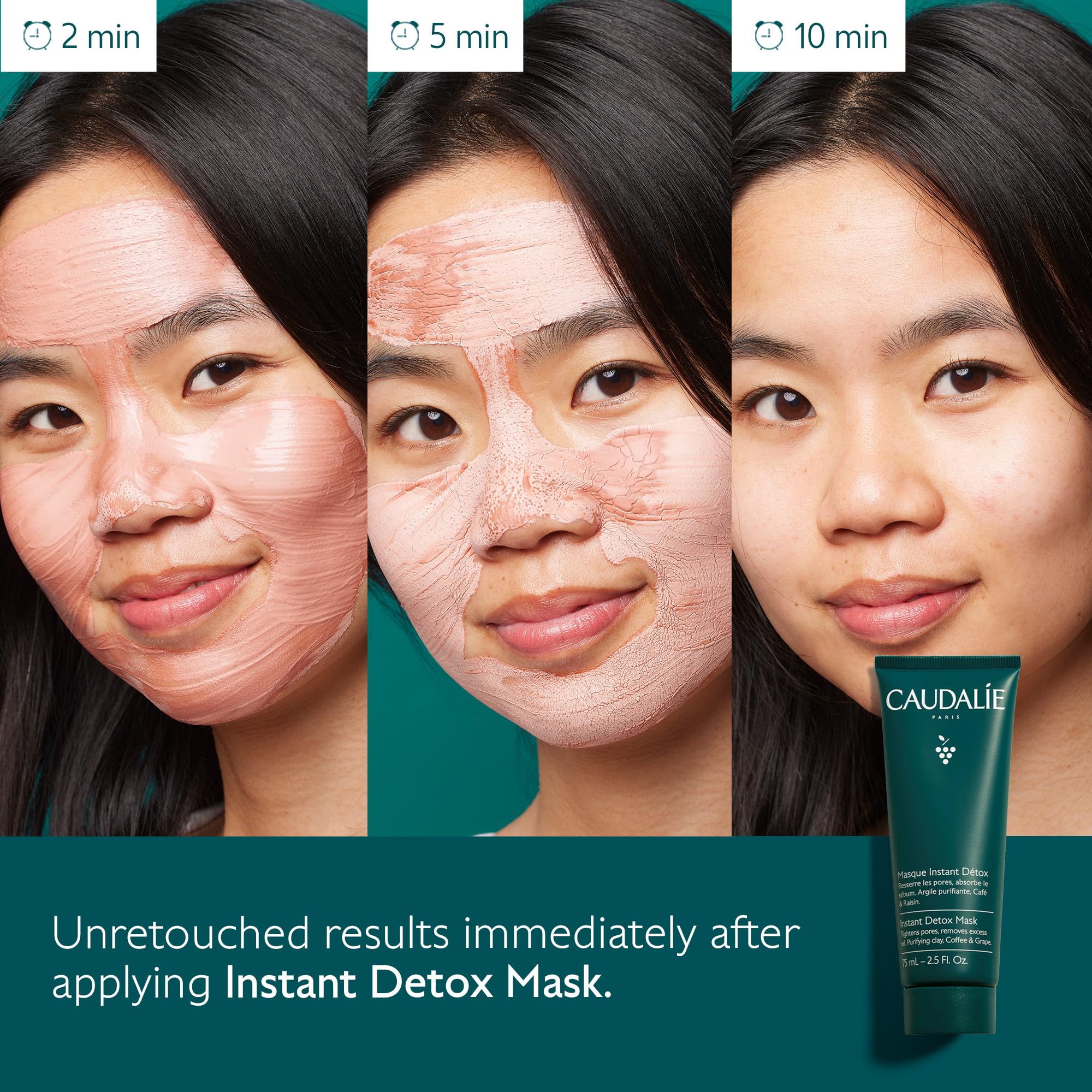 Caudalie Instant Detox Mask bottle on shelf evokes at-home spa routine.