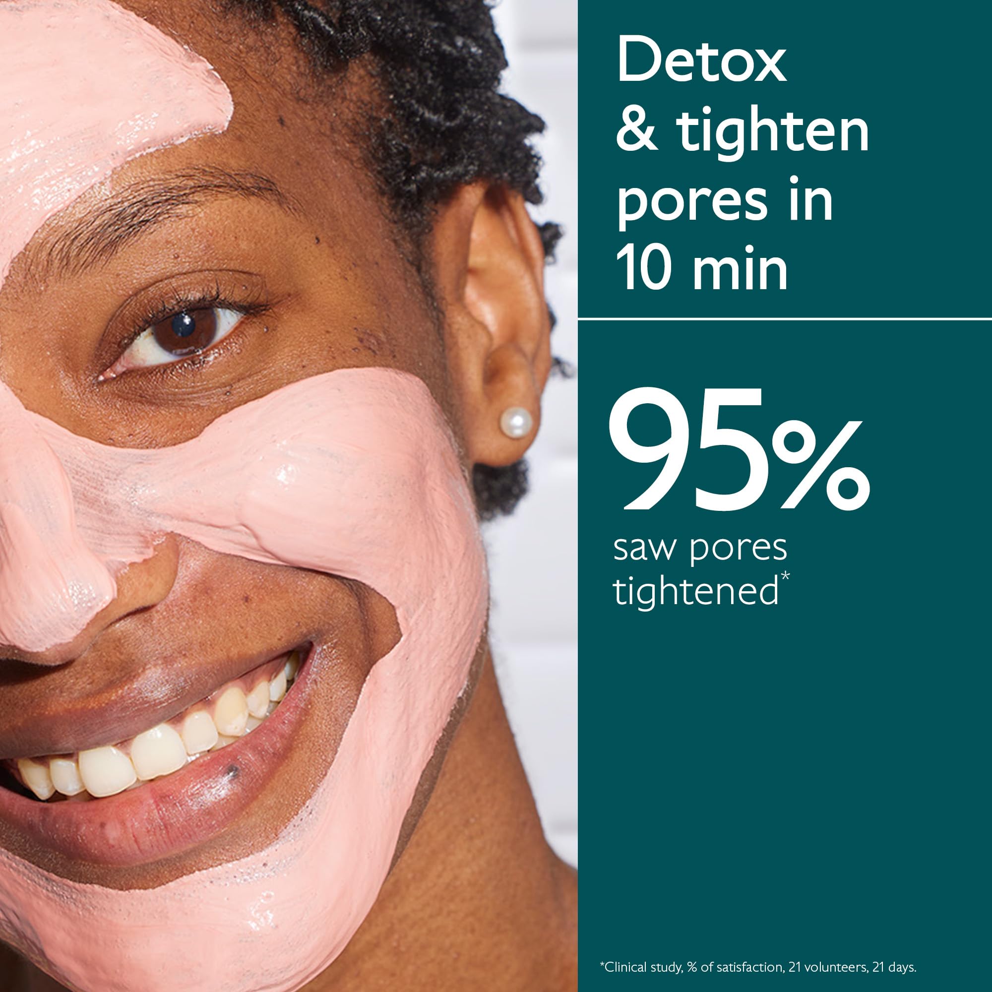 Caudalie Instant Detox Mask close-up shows pink clay texture on skin.