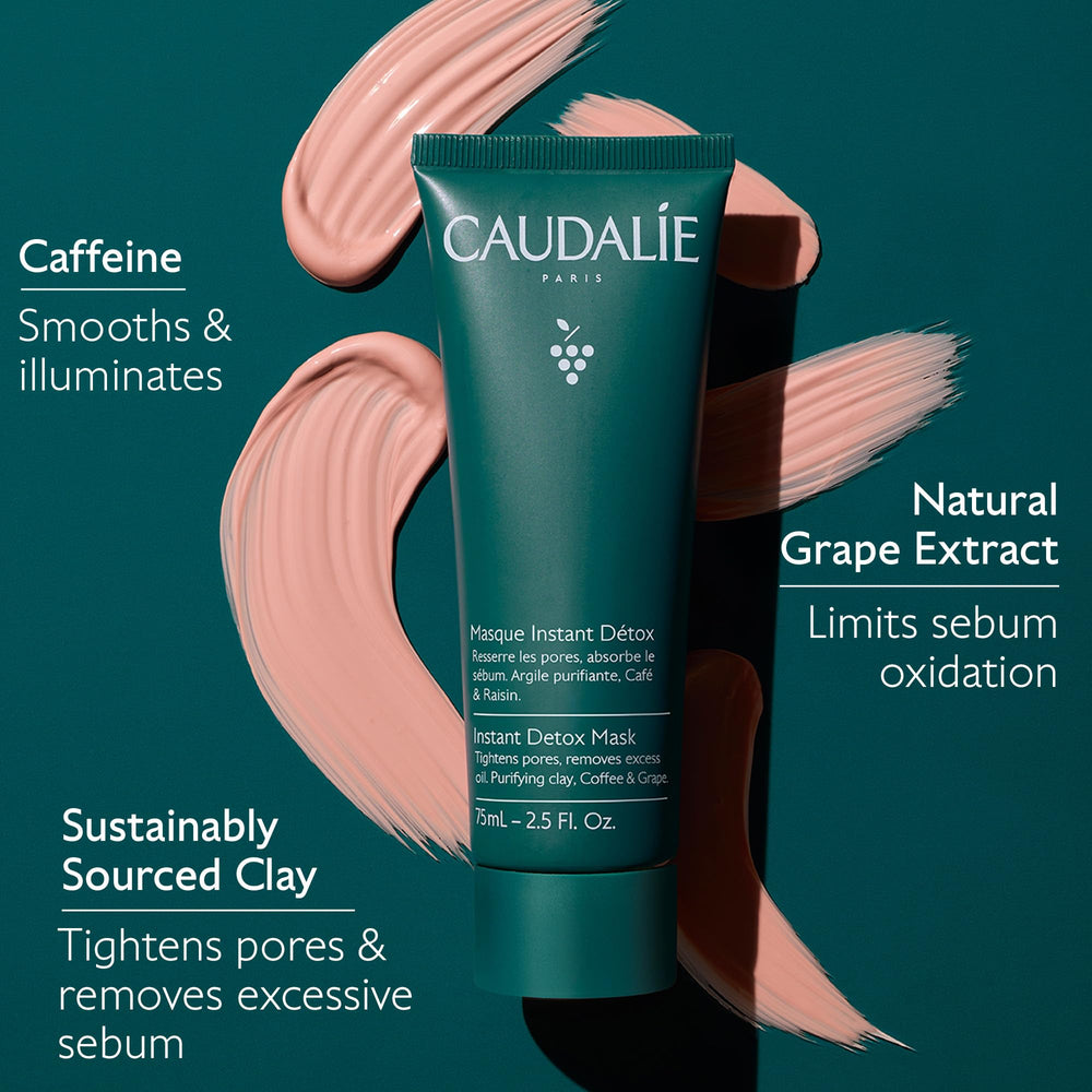 Caudalie Instant Detox Mask tube dispensing product for easy weekly use.