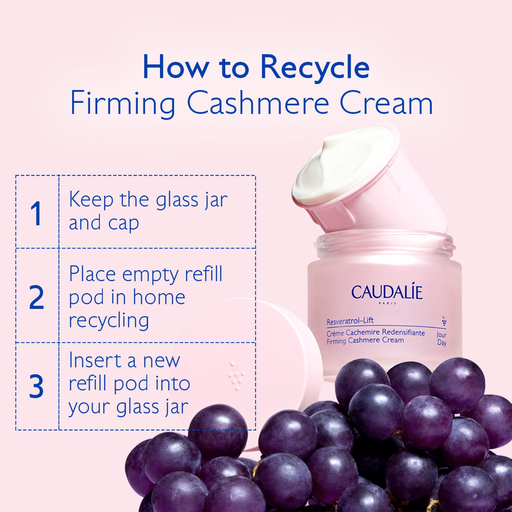 Caudalie Resveratrol-Lift eco packaging emphasizing refillable jar