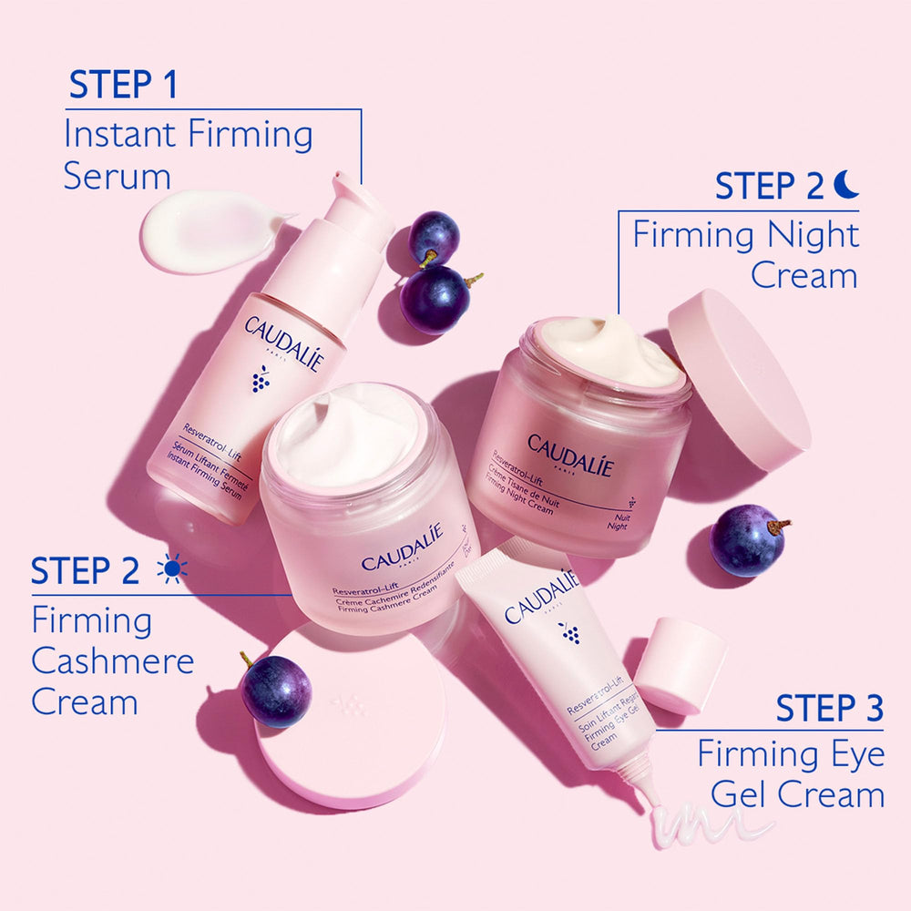 Caudalie Resveratrol-Lift usage on fingertips showcases luxurious texture for routine care