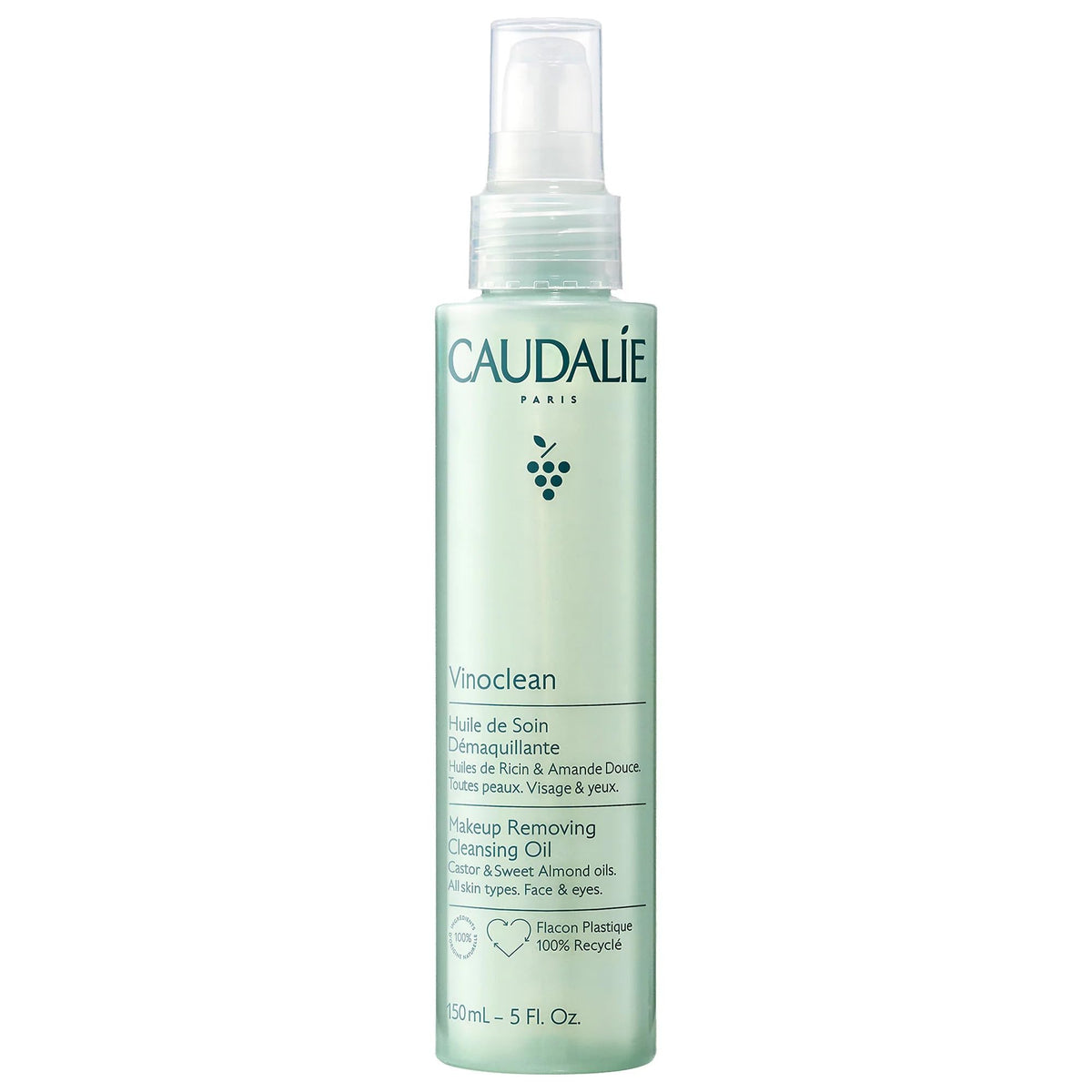Caudalie Vinoclean cleansing oil bottle for nourishing makeup removal.