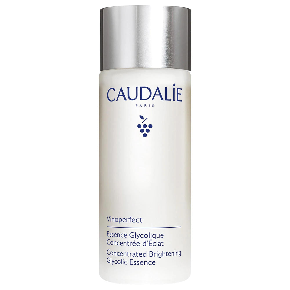 Caudalie Vinoperfect Brightening Essence bottle close-up for daily radiance prep.