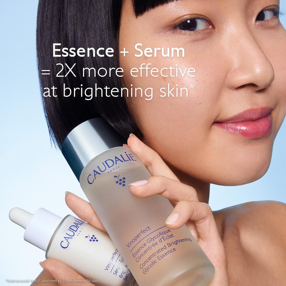 Caudalie Vinoperfect Brightening Essence vanity shot suggesting a glow routine.