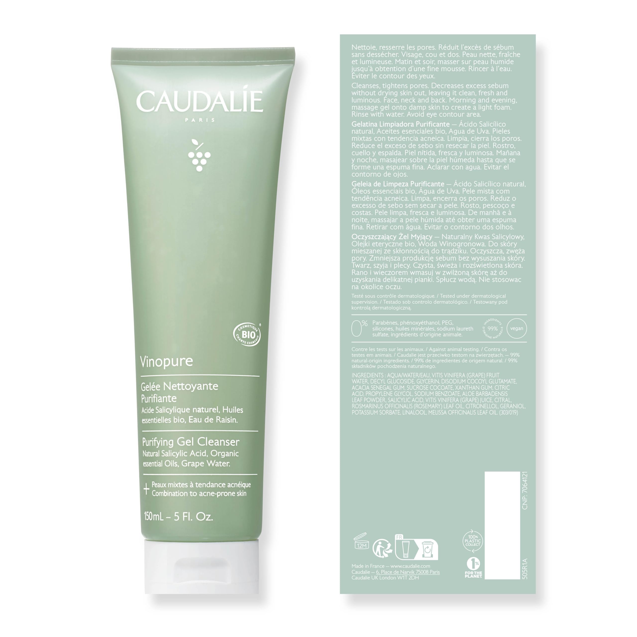 Caudalie Vinopure cleanser targets visible blackheads with purifying action.
