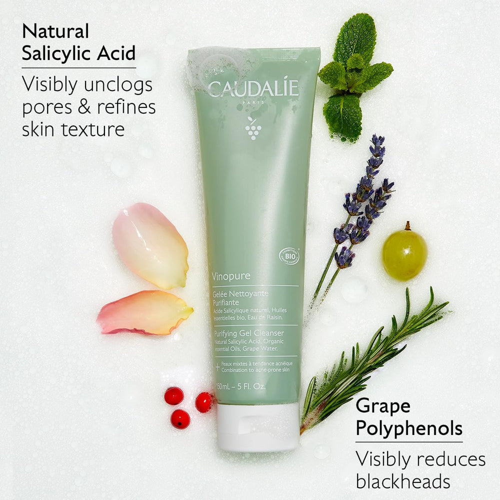 Caudalie Vinopure bottle and grape water hydration during use.