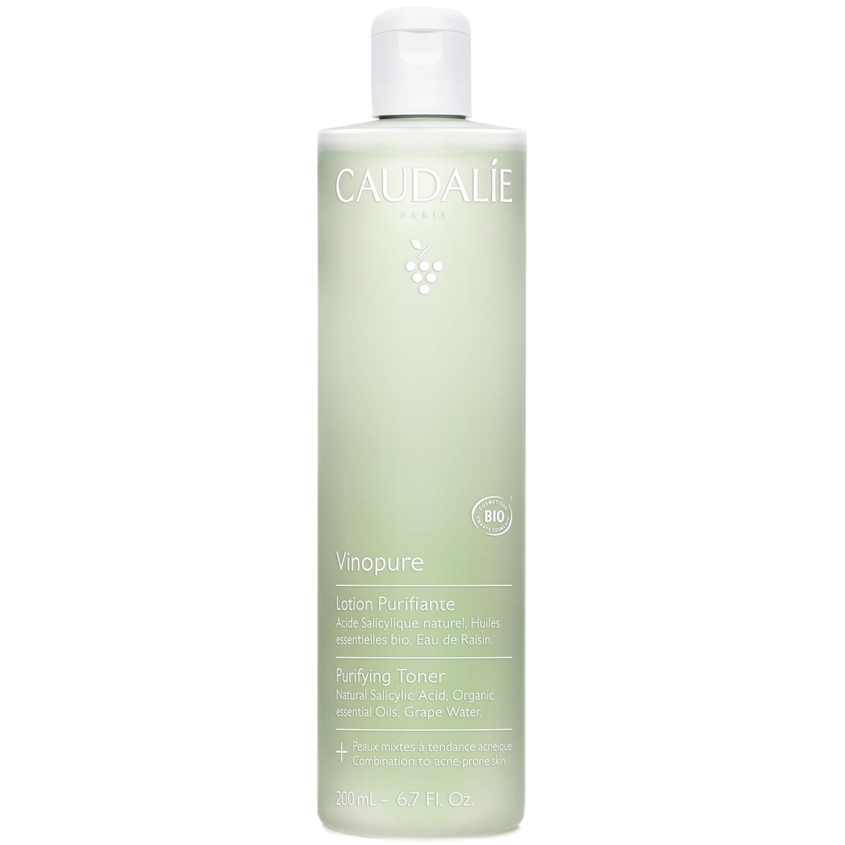 Caudalie Vinopure toner bottle closeup showing sleek packaging and pore care.