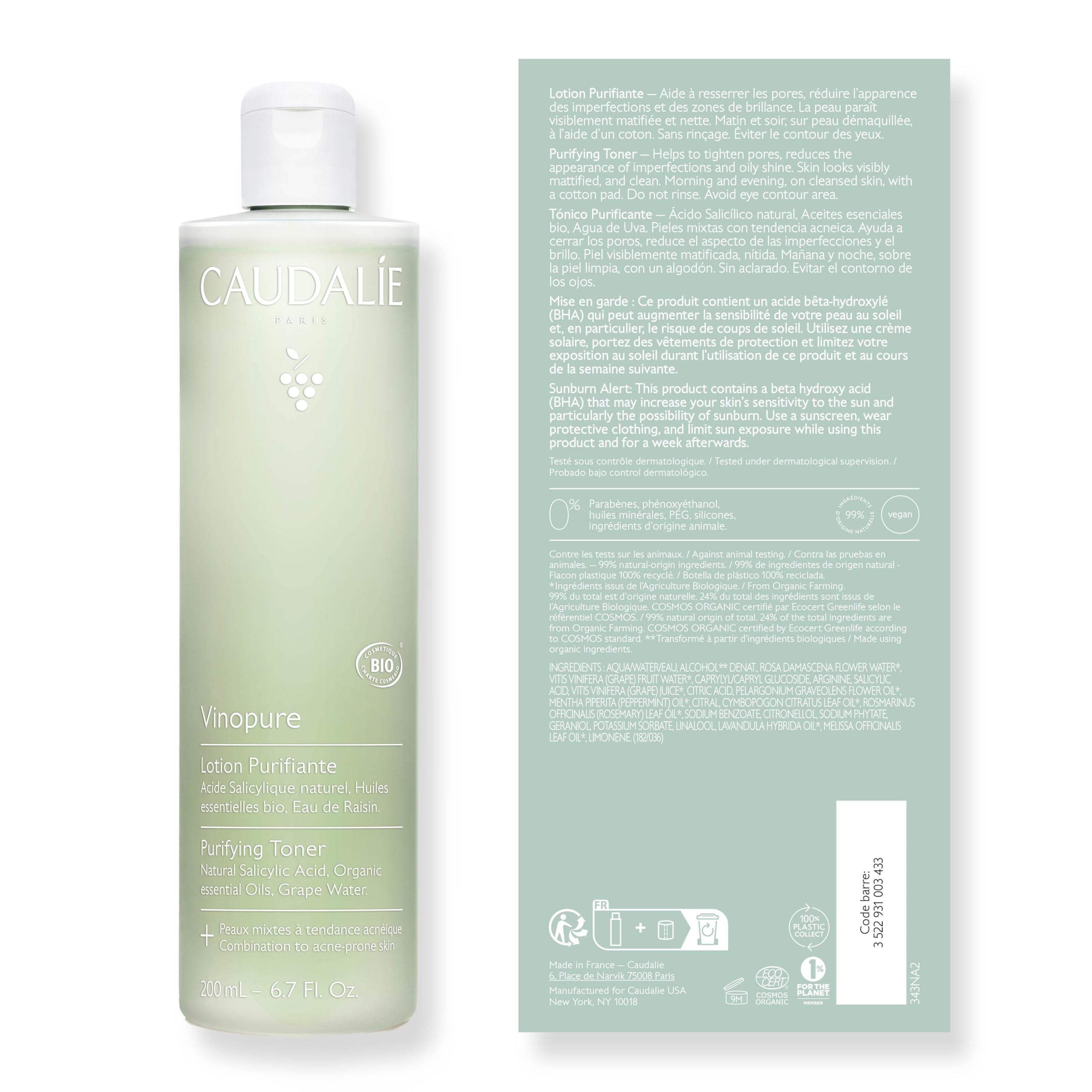 Front-of-pack Caudalie Vinopure toner with branding and size cue.