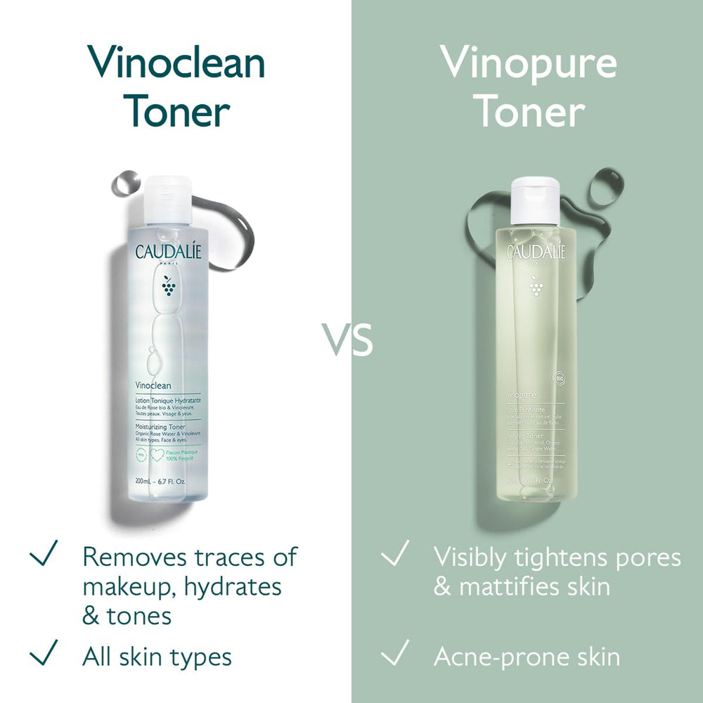 Rose water and grape components depicted for soothing hydration in Vinopure toner.