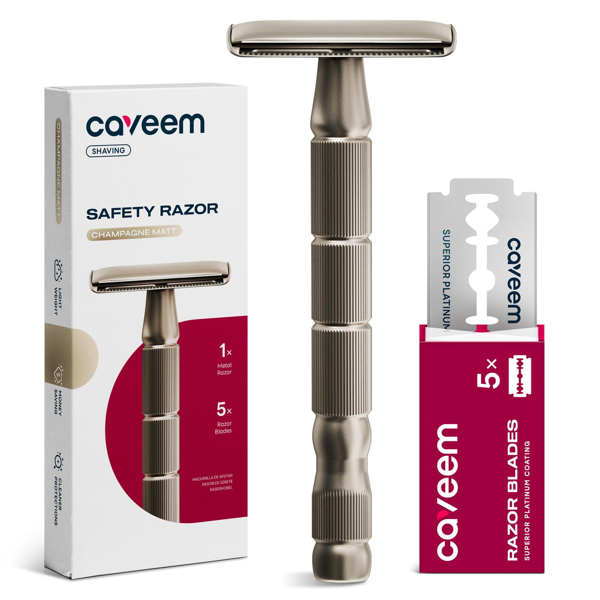CAVEEM double-edge razor set with Champagne Matt finish for durable, precise grooming