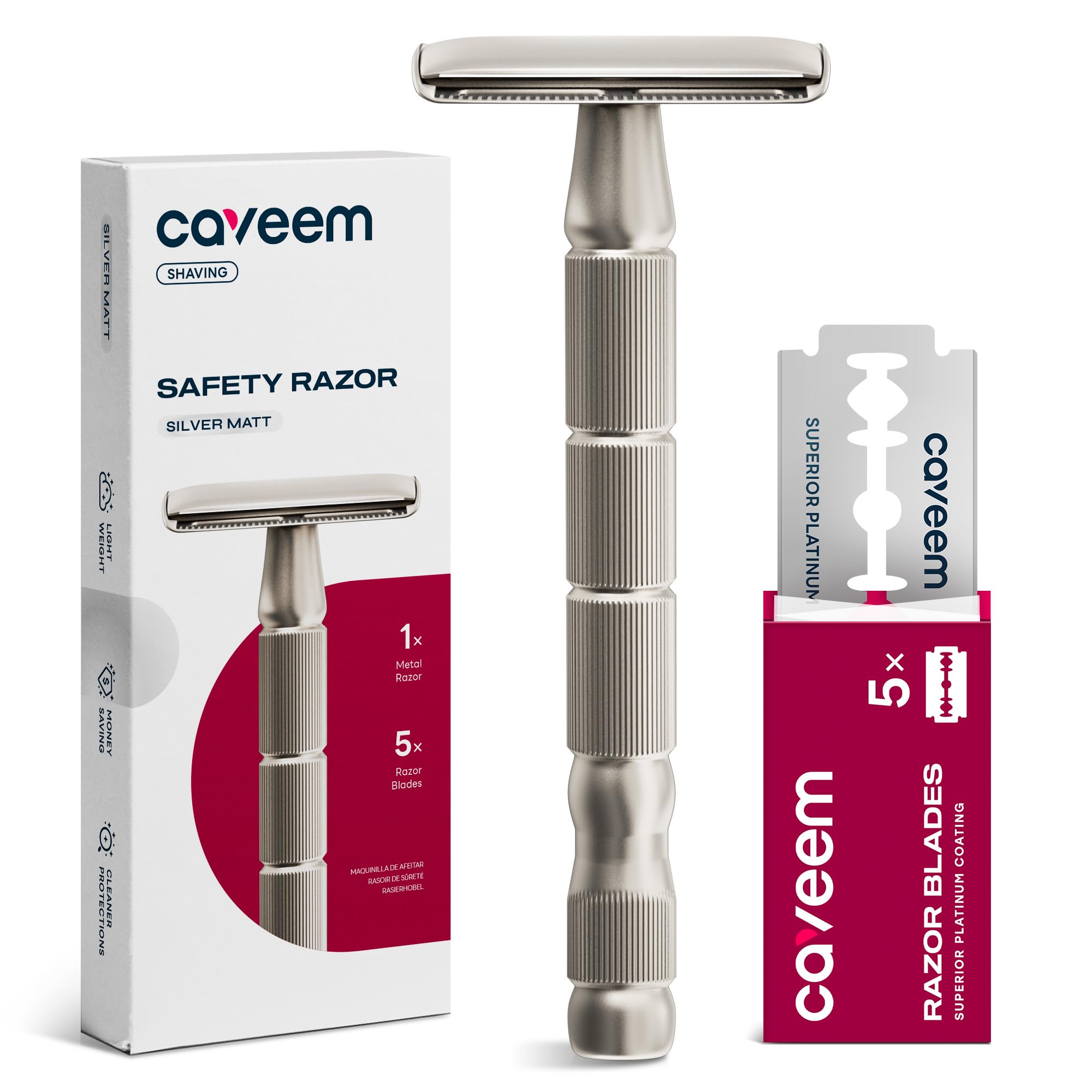 CAVEEM double-edge razor front view in silver matte for precise shaving