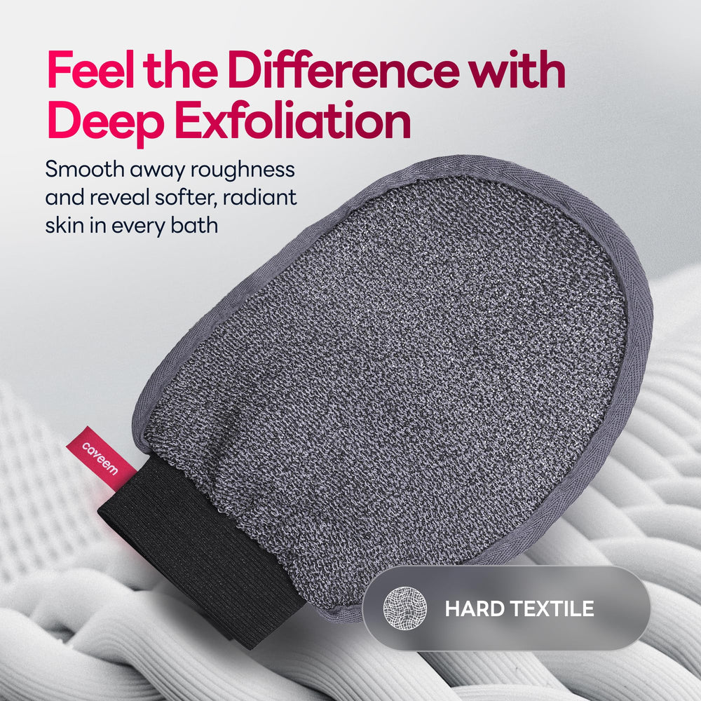 Caveem Exfoliating Mitt textured surface targets dull skin for refreshed look