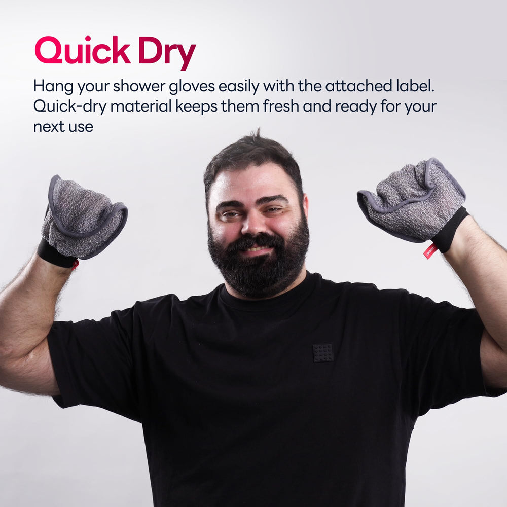 Caveem Exfoliating Mitt quick-dry fabric promotes cleaner, fresher skin