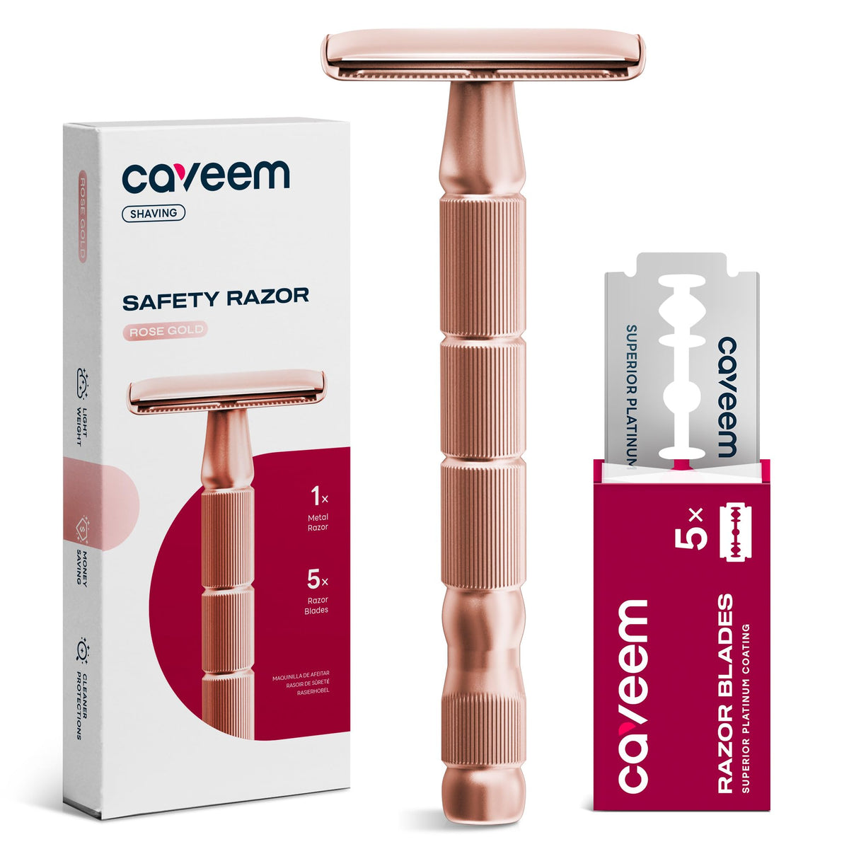 CAVEEM Rose Gold Double-Edge Razor full view shows durable metal build for long-lasting grooming.