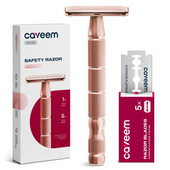 CAVEEM Rose Gold Double-Edge Razor full view shows durable metal build for long-lasting grooming.