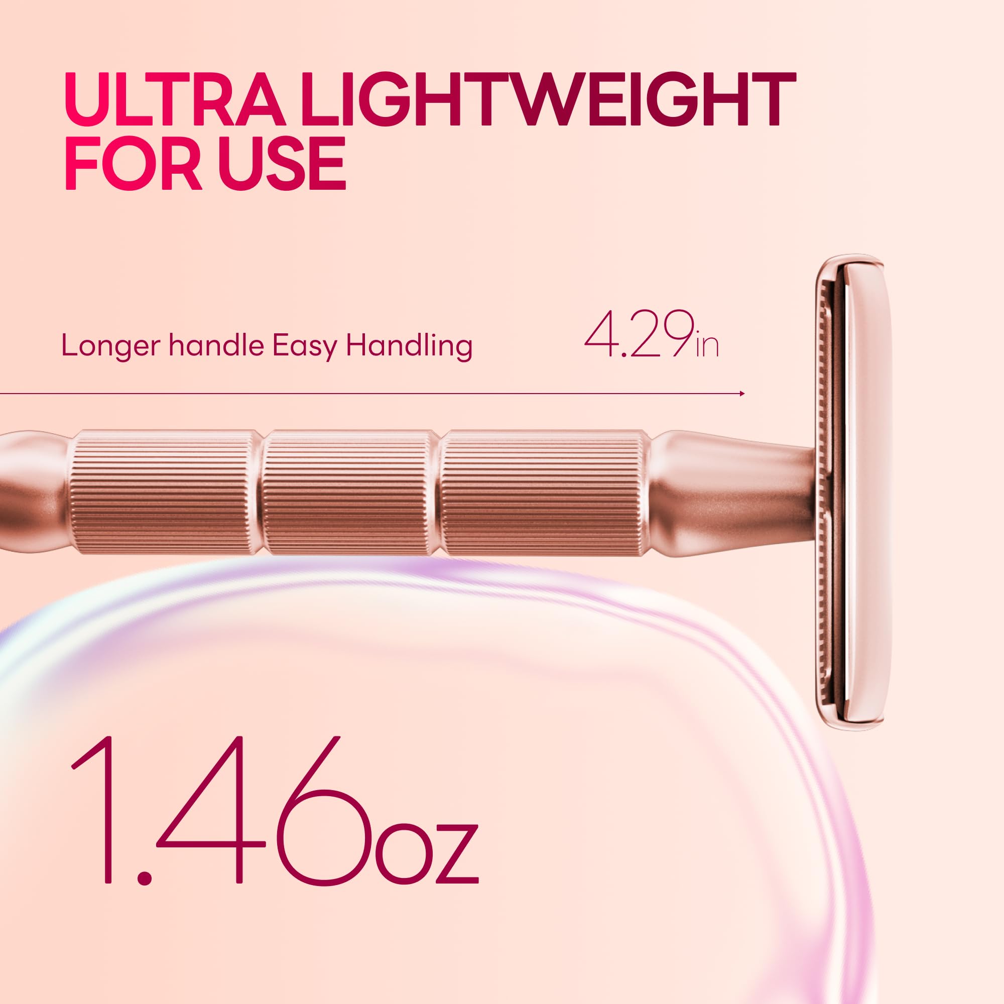 CAVEEM Rose Gold Double-Edge Razor handle closeup highlights textured grip for confident, precise shaves.