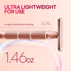 CAVEEM Rose Gold Double-Edge Razor handle closeup highlights textured grip for confident, precise shaves.
