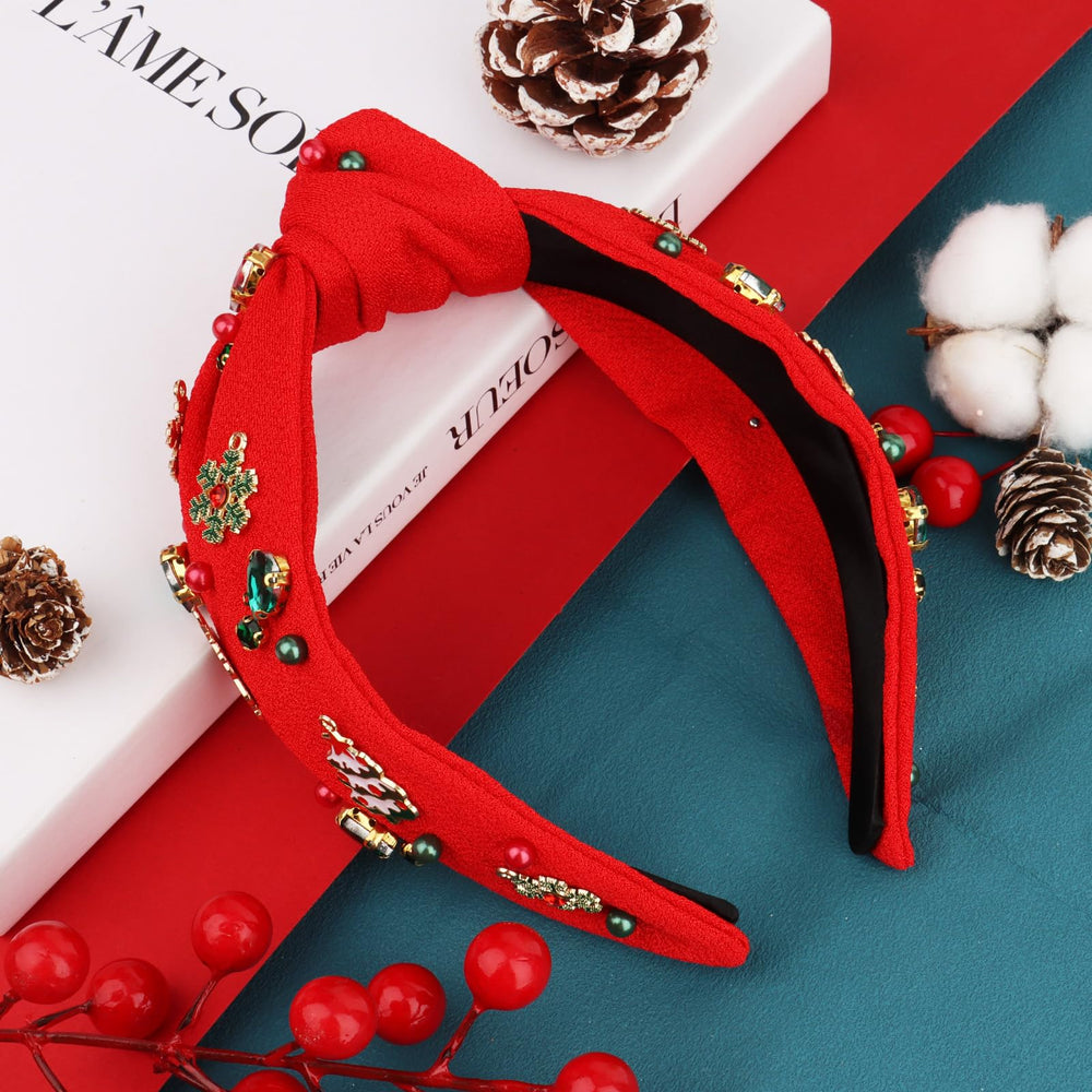 Cavetee headband side knotted view showing comfortable wear with holiday outfit.