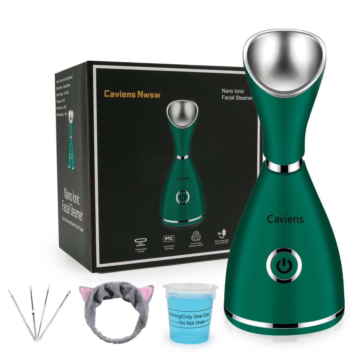 Caviens Nwsw facial steamer front view showing nano-ionic mist for deeper hydration.