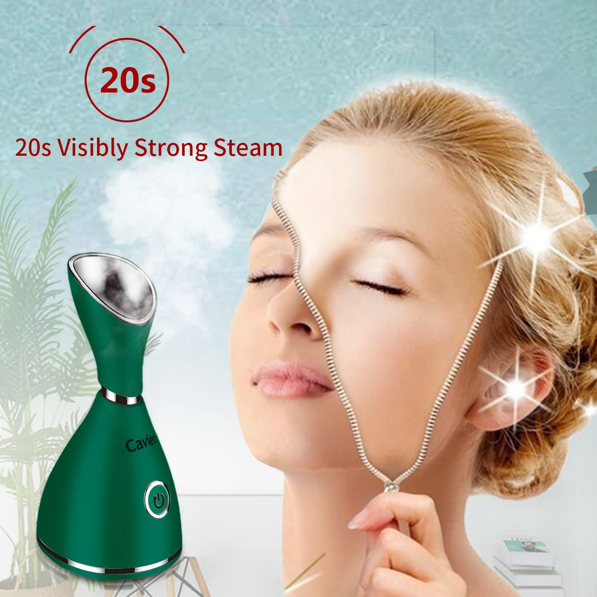 Caviens Nwsw facial steamer side view highlights warm mist for skin prep.