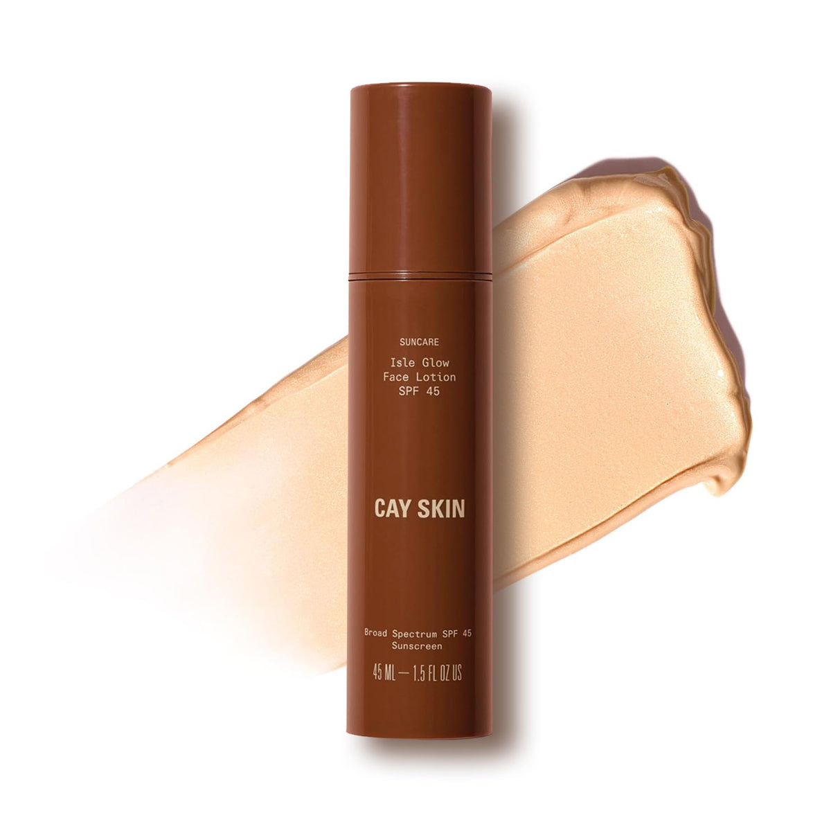 Cay Skin Isle Glow bottle-front with pearlescent finish for radiant daily glow.