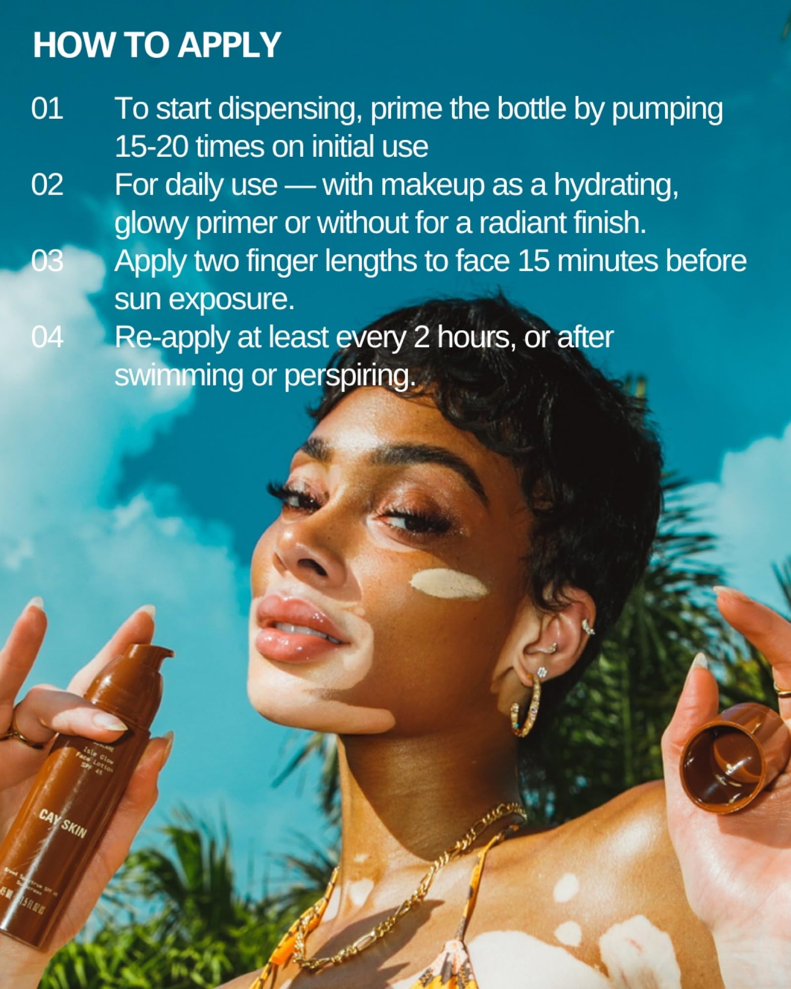 Cay Skin Isle Glow packaging close-up highlighting vegan, cruelty-free, reef-friendly formula.