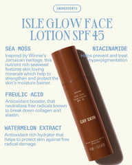 Cay Skin Isle Glow SPF 45 label visible, offering broad-spectrum sun protection.