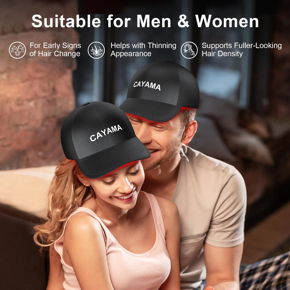 CAYAMA red light cap shown with adjustable, breathable fit.