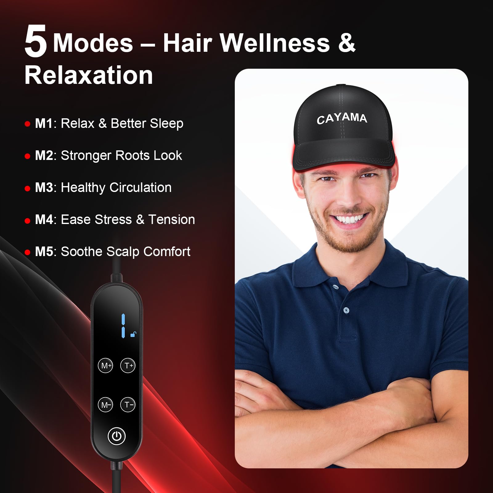 CAYAMA red light cap with mode selector highlights 5 customizable settings.